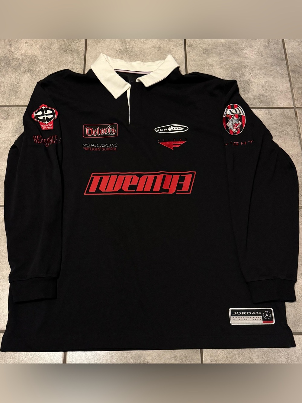 Nike Air Jordan Long Sleeve Patchwork Rugby Polo Shirt Size XL Black